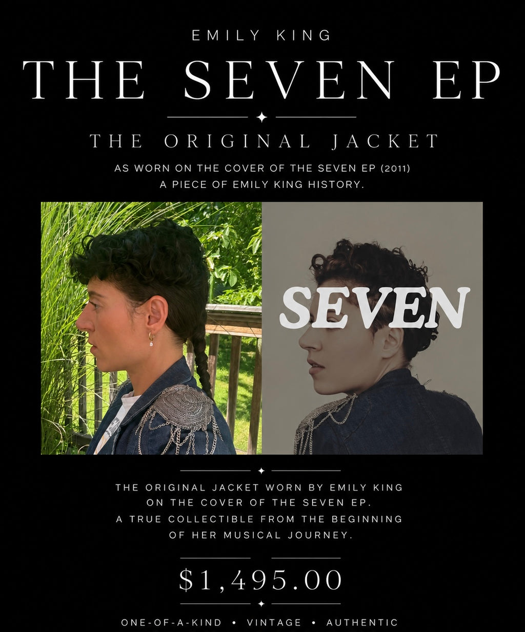 The Seven EP cover original Jacket - Alice + Olivia Denim Military Jacket
Worn by Emily King on the cover of the Seven EP (2011) Xs