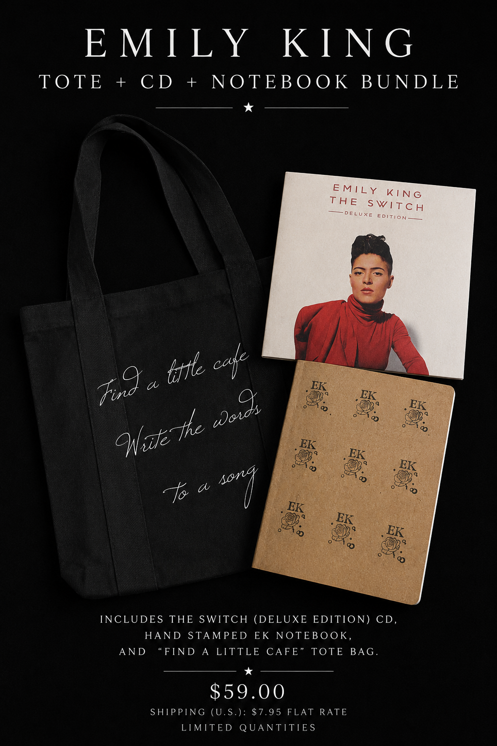 Emily King “The Switch” Deluxe CD + Hand-Stamped EK Notebook + “Find a Little Cafe” Tote Bundle